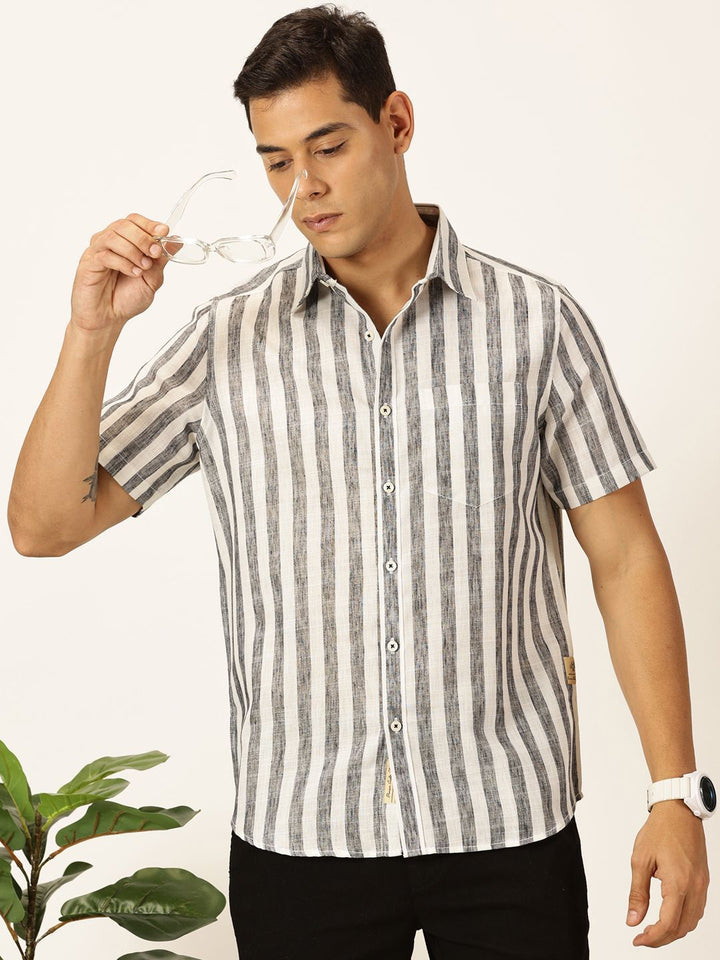 Thomas Scott Men Premium Vertical Stripes Cotton & Linen Casual Shirt
