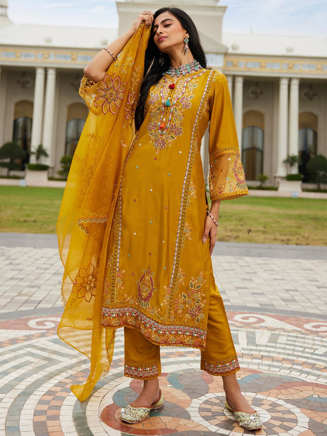 Indo Era Women Ethnic Motifs Embroidered Regular Mirror Work Kurta with Trousers & With Dupatta