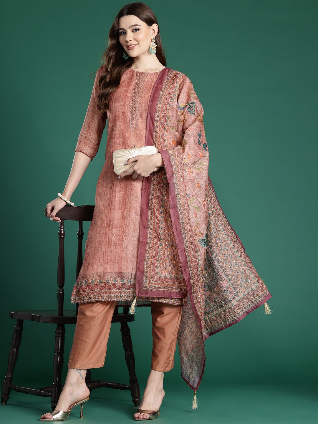 Indo Era Ethnic Motifs Printed Thread Work Chanderi Silk Kurta With Trousers & Dupatta