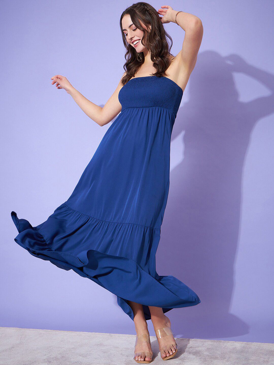 Berrylush Blue Strapless Smocked A-Line Maxi Dress