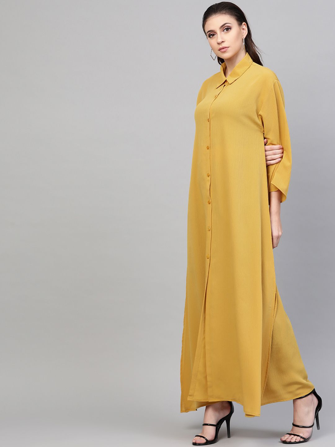 SASSAFRAS Women Mustard Yellow Solid Longline Shirt Style Shrug