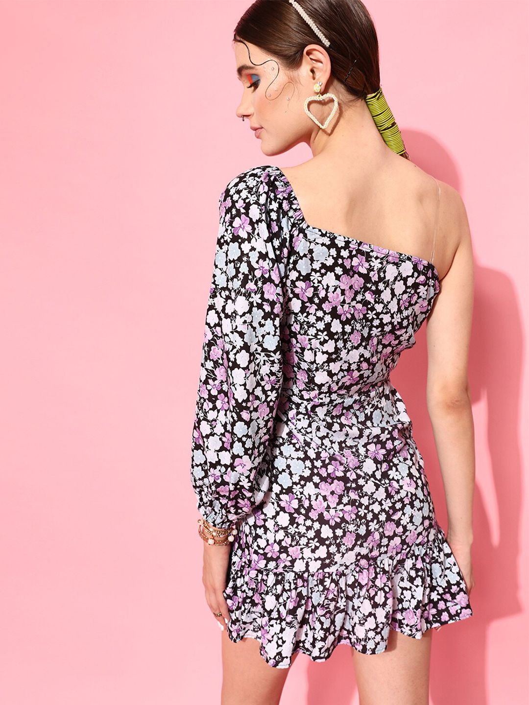 STREET 9 Lavender Floral One Shoulder Crepe Ruffle Dress