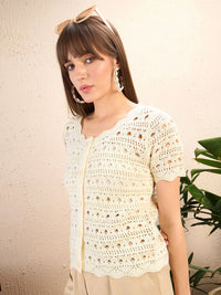 SASSAFRAS Self Design Round Neck Crochet Shirt Style Top