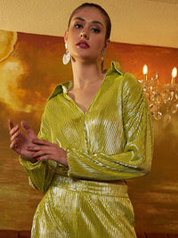 Athena Lime Green Striped Tie-Up Detail Shirt Style Top