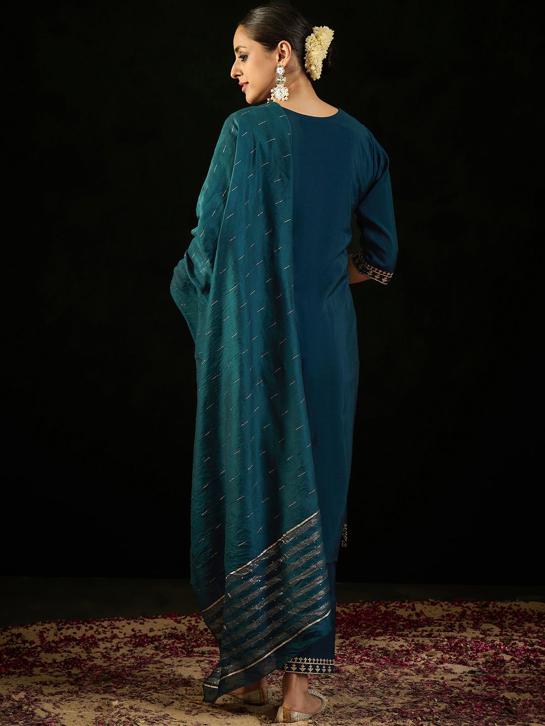 Indo Era Round Neck Embroidered Sequinned Chanderi Silk Kurta with Trouser & Dupatta
