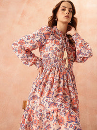 all about you Ethnic Motifs Print Tie-Up Neck Puff Sleeve Fit & Flare Dress