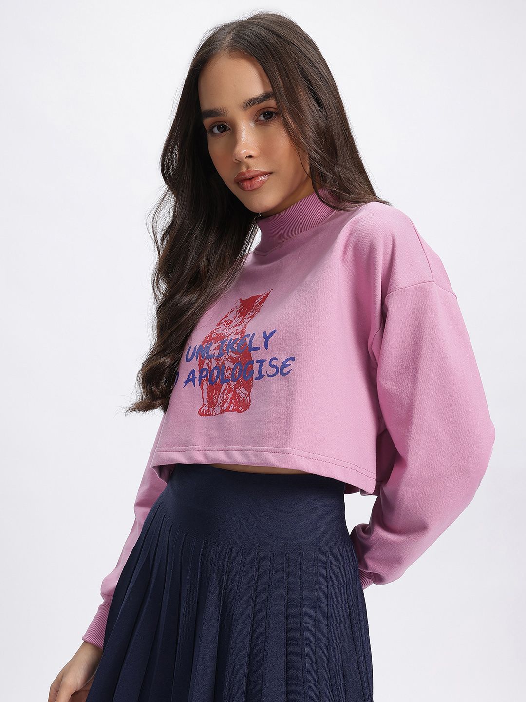 DressBerry Printed High Neck Boxy Crop Sweatshirt