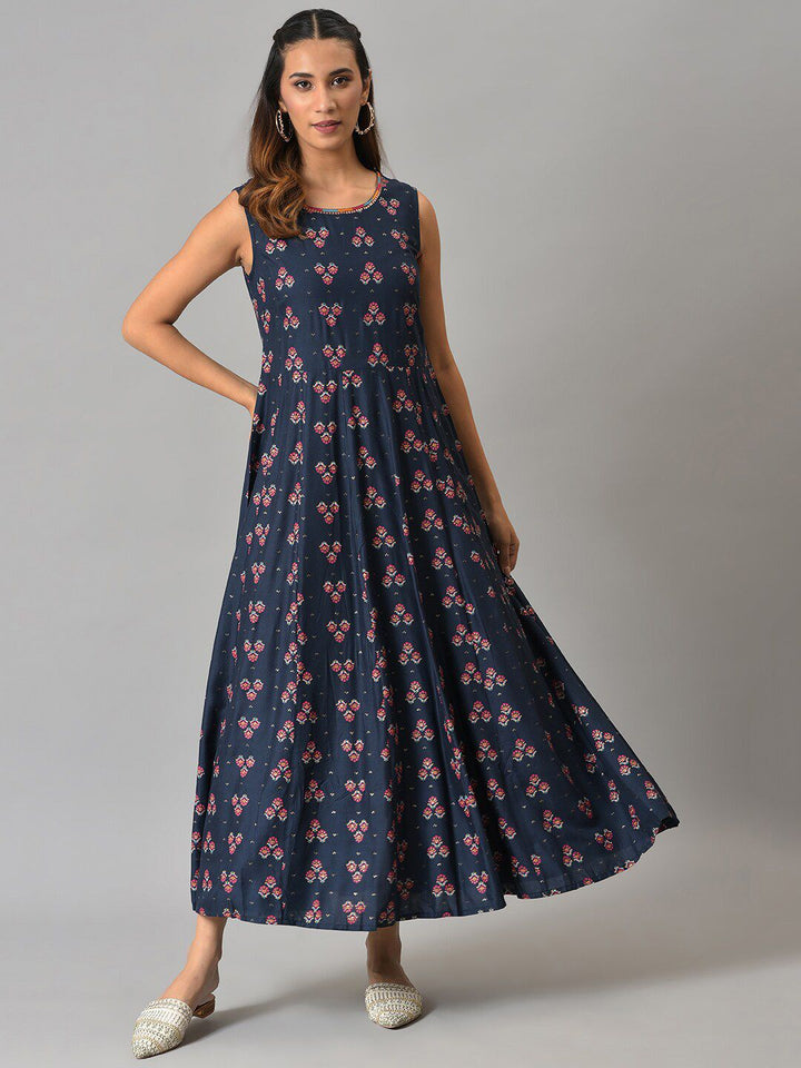 W Blue Ethnic Motifs Layered Ethnic Maxi Dress