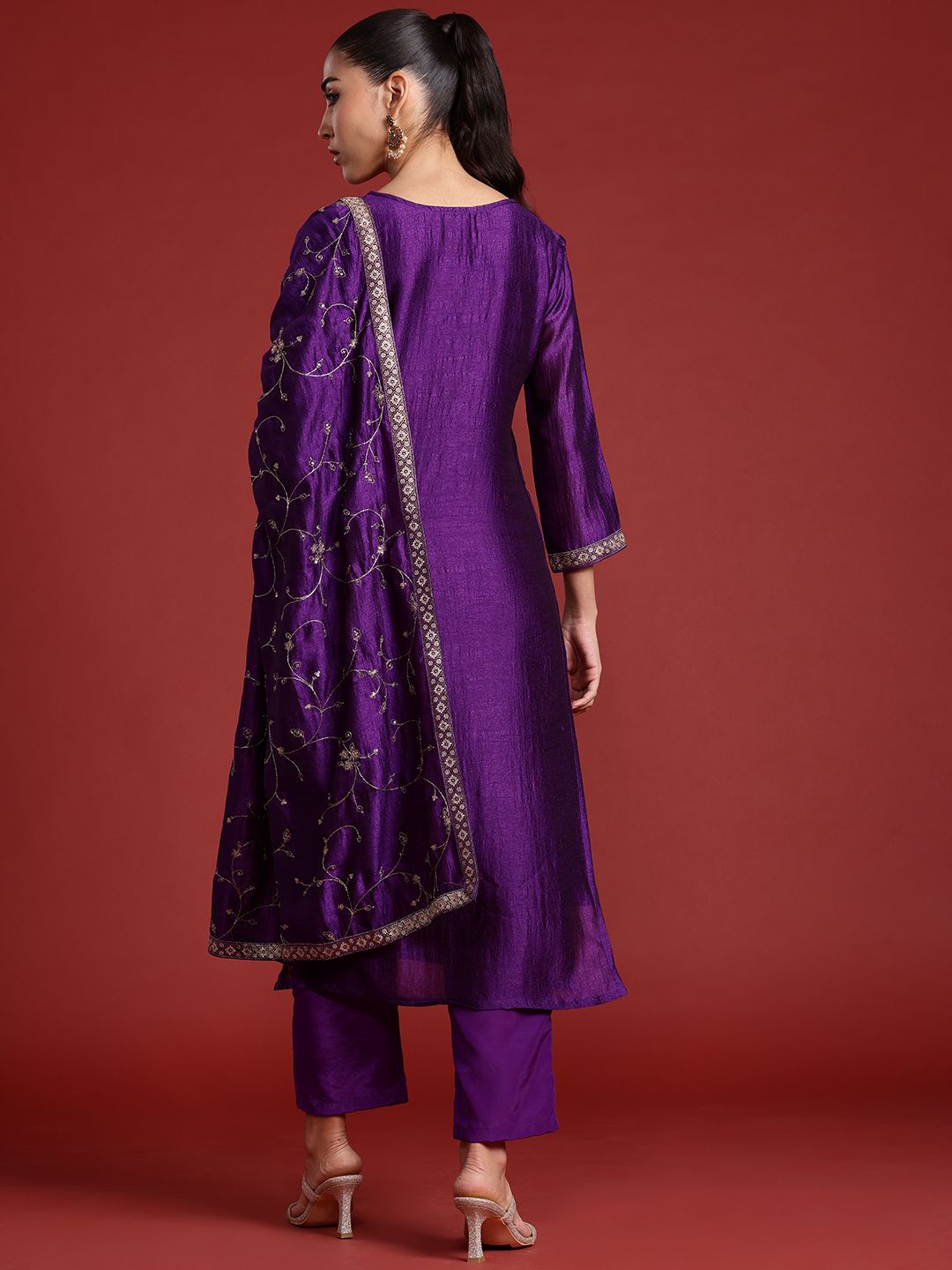 Indo Era Floral Embroidered Sequinned Kurta With Trousers & Dupatta