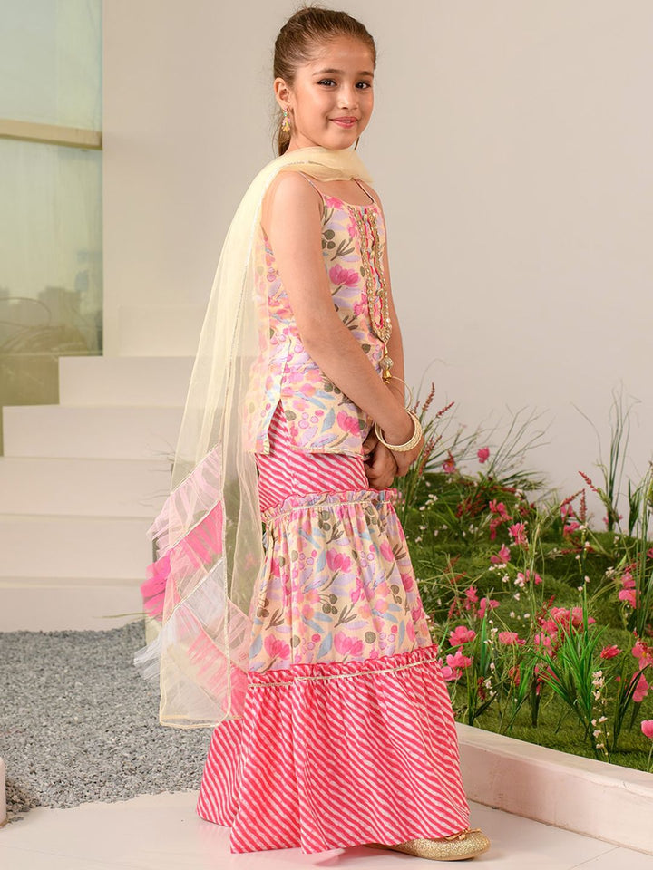pspeaches Girls Floral Printed Regular Pure Cotton Kurta with Sharara & Dupatta