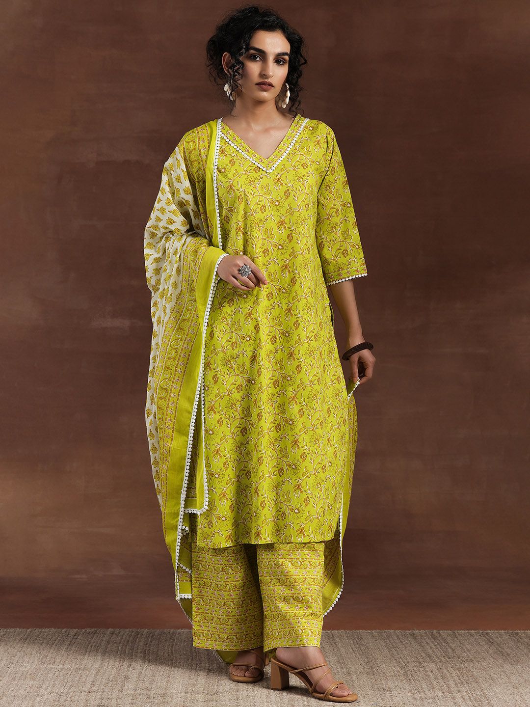 Libas Floral Printed Pure Cotton Kurta with Palazzos & With Dupatta