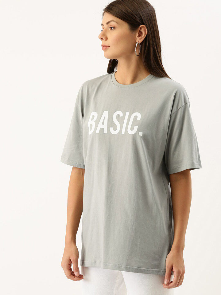 DILLINGER Women Grey Printed Oversized Longline Oversized Cotton Pure Cotton T-shirt