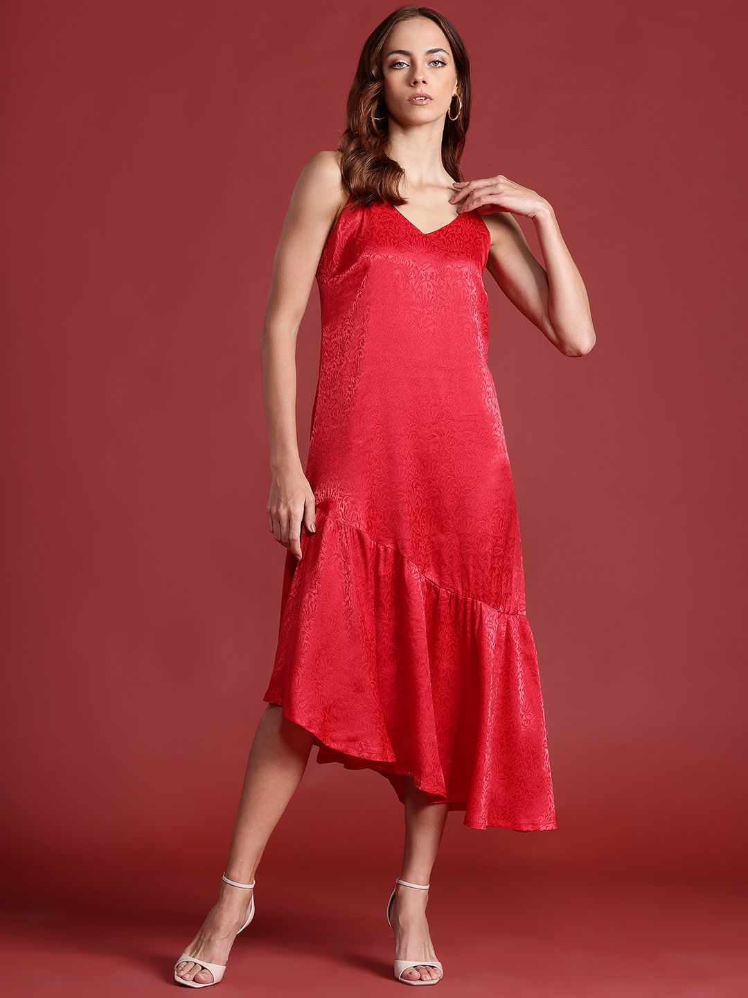 all about you Floral Satin Jacquard Drop waist Midi Dress