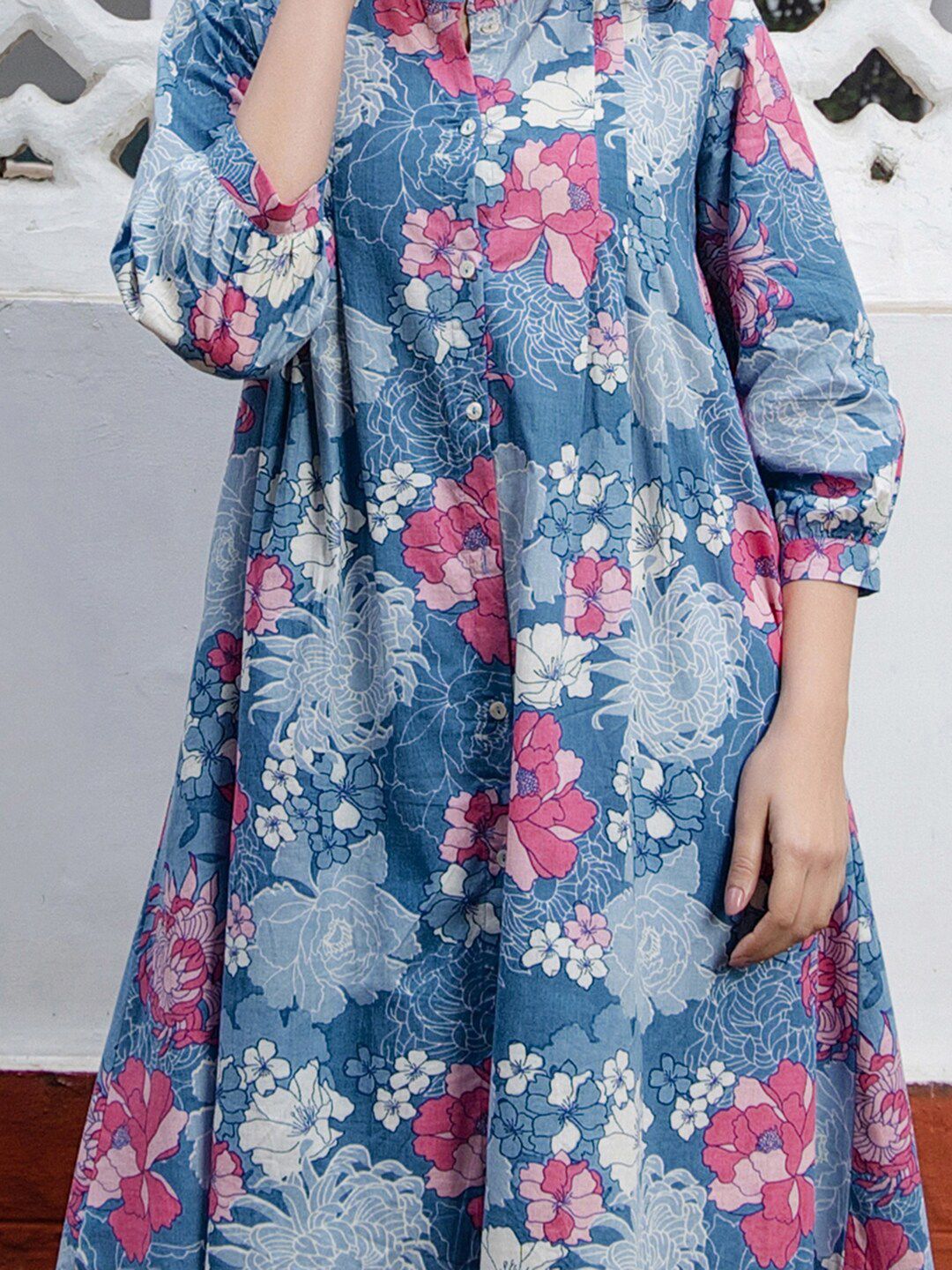 Janasya Floral Printed Mandarin Collar Pure Cotton Pleated A-Line Tunic