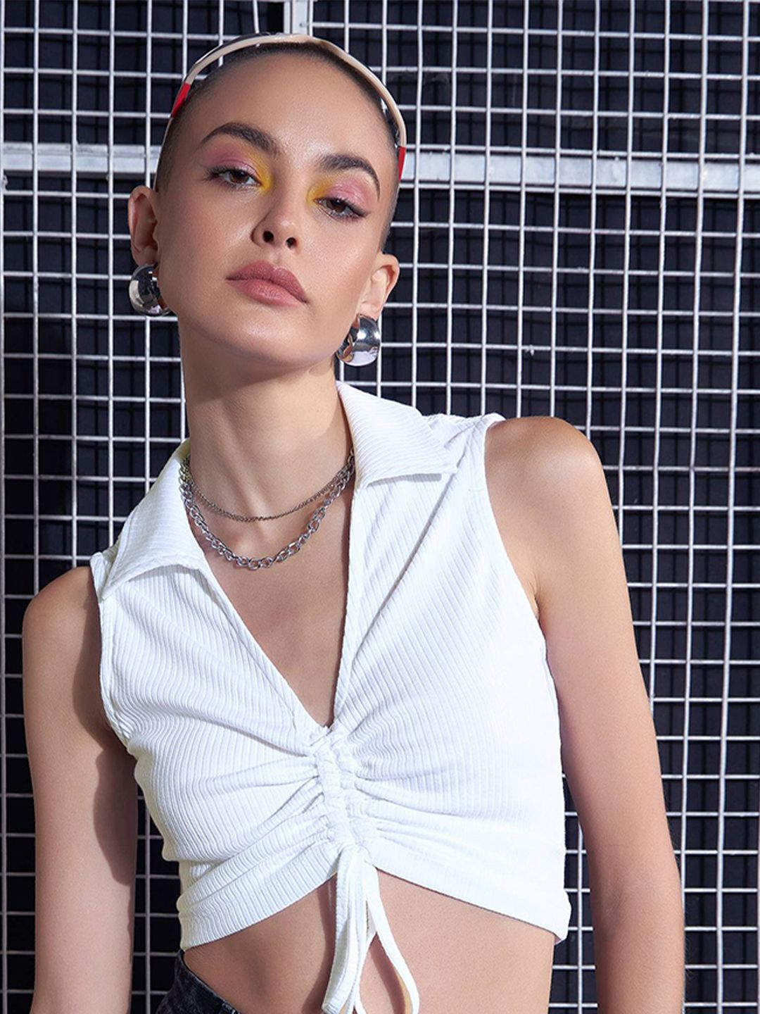 SASSAFRAS White Lace-Up Ribbed Ruched Shirt Style Crop Top