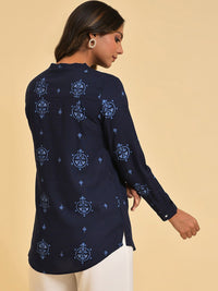 W Blue Ethnic Motifs Printed Casual Shirt