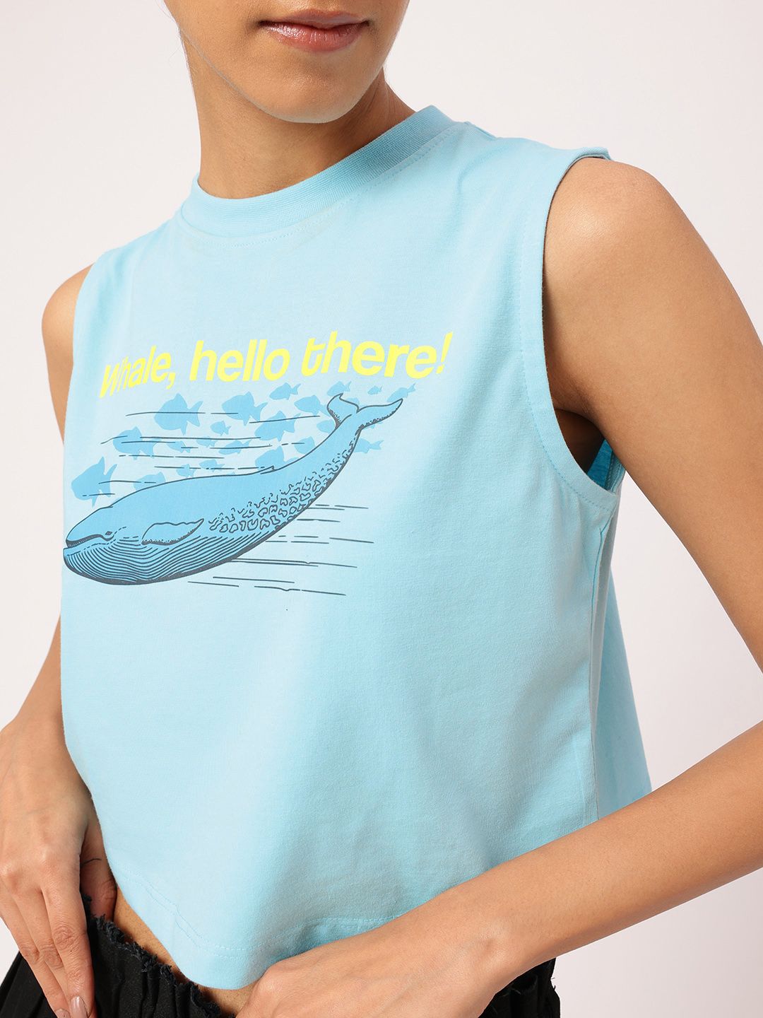 DressBerry Cute Whale Vibes Only Printed Sleeveless Crop T-shirt