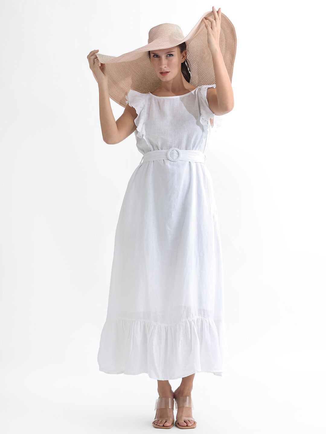 RAREISM Flutter Sleeve Linen A-Line Midi Dress