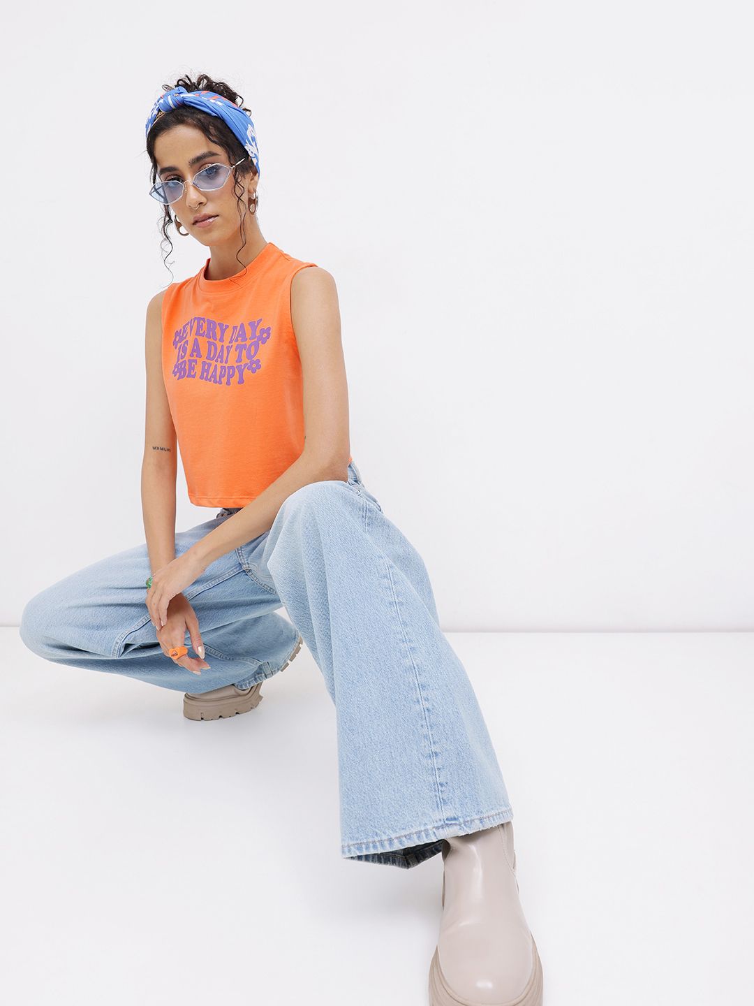 DressBerry Cheerful Chic Printed Sleeveless Crop T-shirt