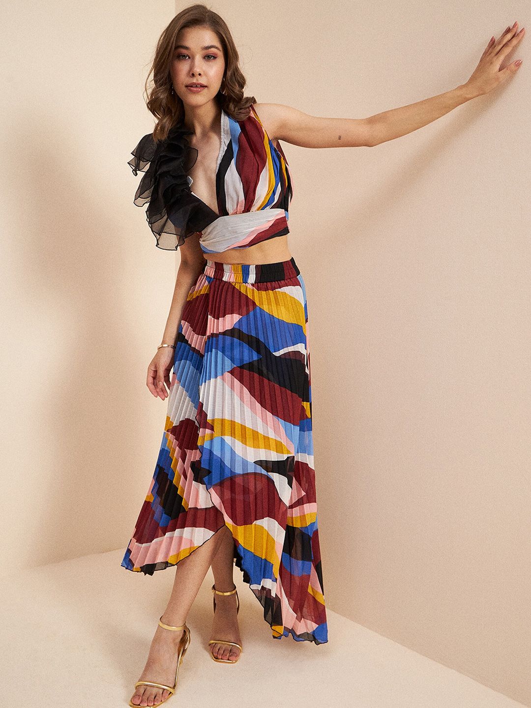 Antheaa Blue Printed Crop Top & Skirt