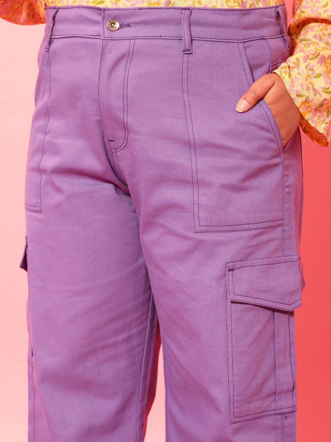 CURVY STREET Women Plus Size Lavender Relaxed Straight Leg Pure Cotton Trousers