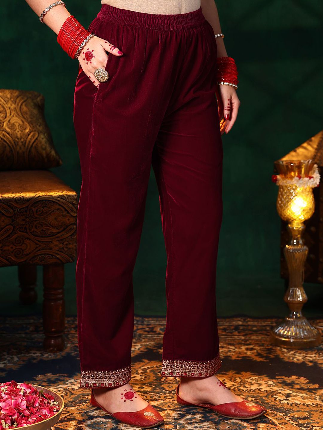 Libas Ethnic Motifs Embroidered Straight Sequinned Velvet Kurta with Trousers & Dupatta