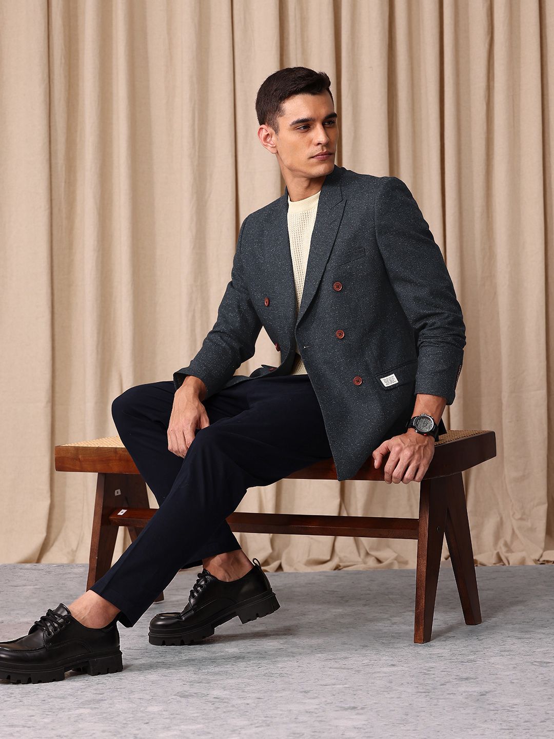 Mr Bowerbird Self Design Tailored Fit Double Breasted Casual Blazer