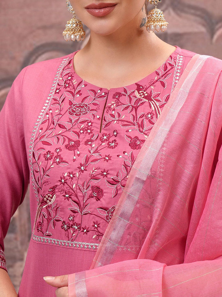 Vishudh Rose Embroidered Straight Kurta with Trouser & Dupatta
