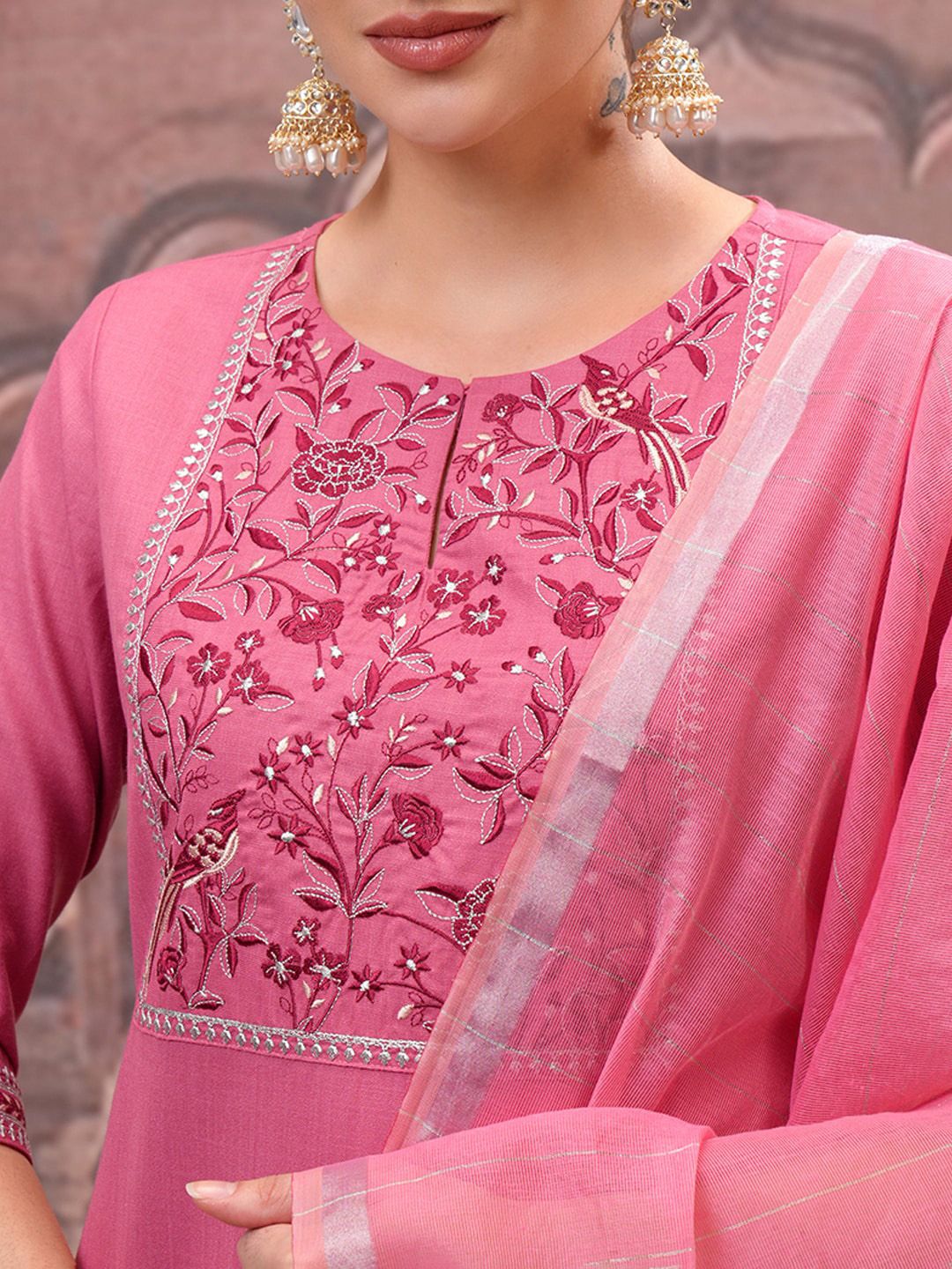 Vishudh Rose Embroidered Straight Kurta with Trouser & Dupatta