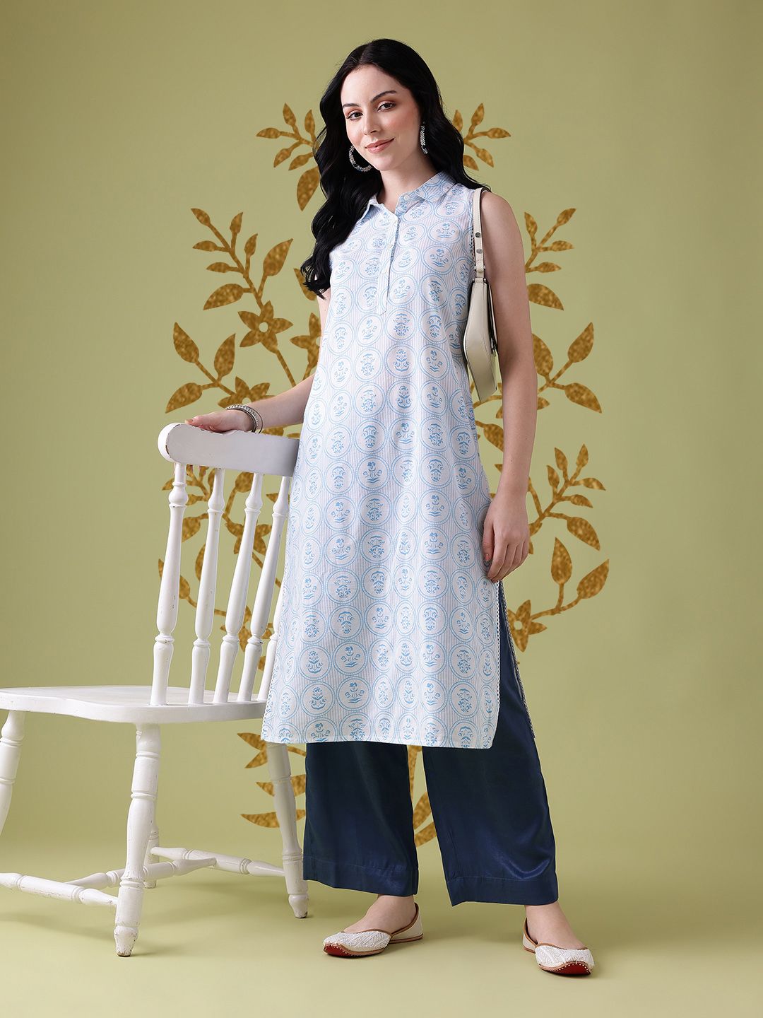 Anouk Floral Printed Pure Cotton Lace Insert Detail Calf-Length Straight Kurta