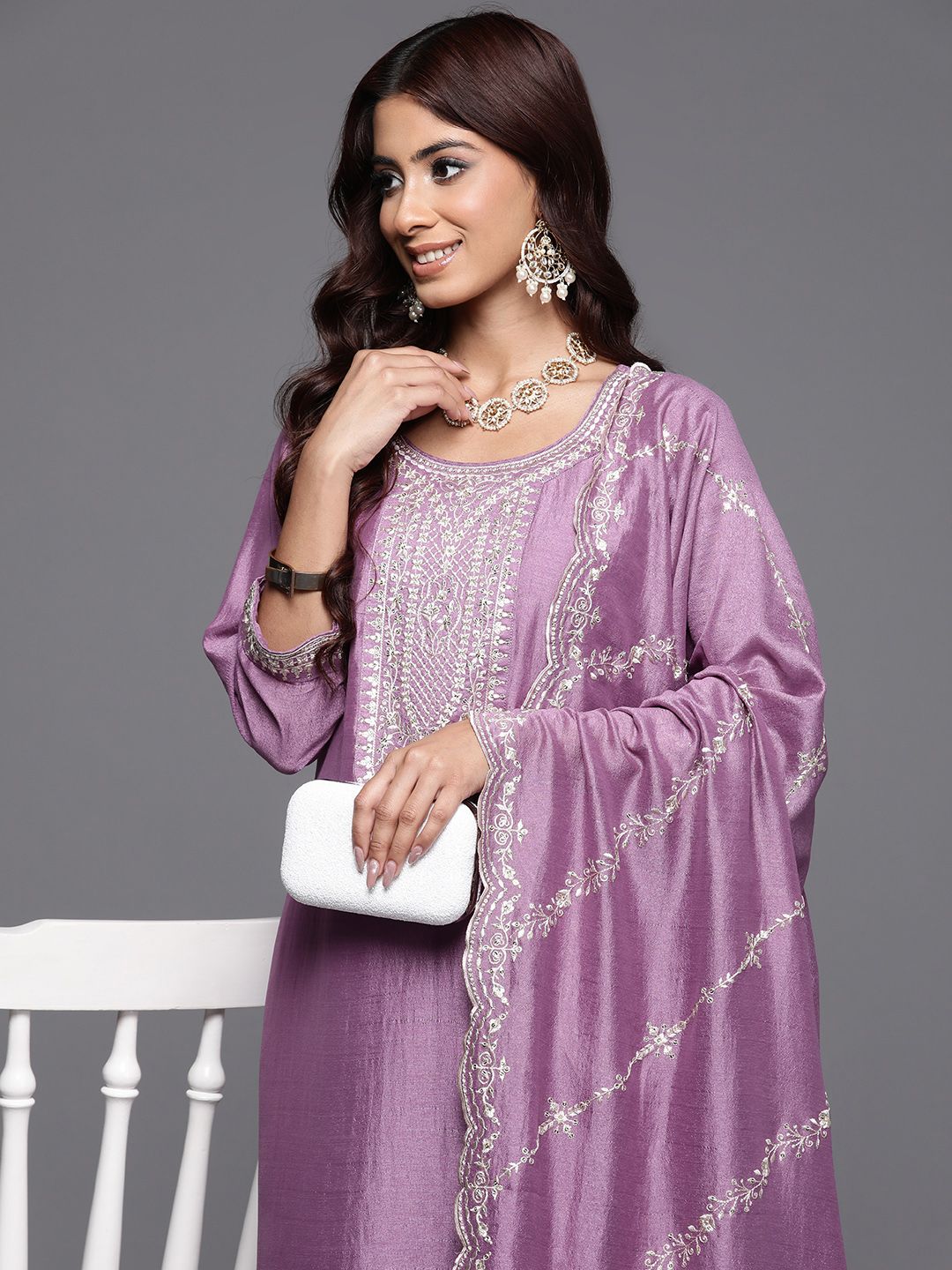 Indo Era Floral Embroidered Regular Sequinned Kurta with Trousers & Dupatta