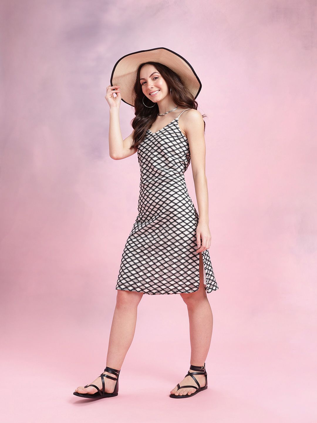 DressBerry Geometric Self-Design Shoulder Straps Crochet A-Line Dress with Side Slit