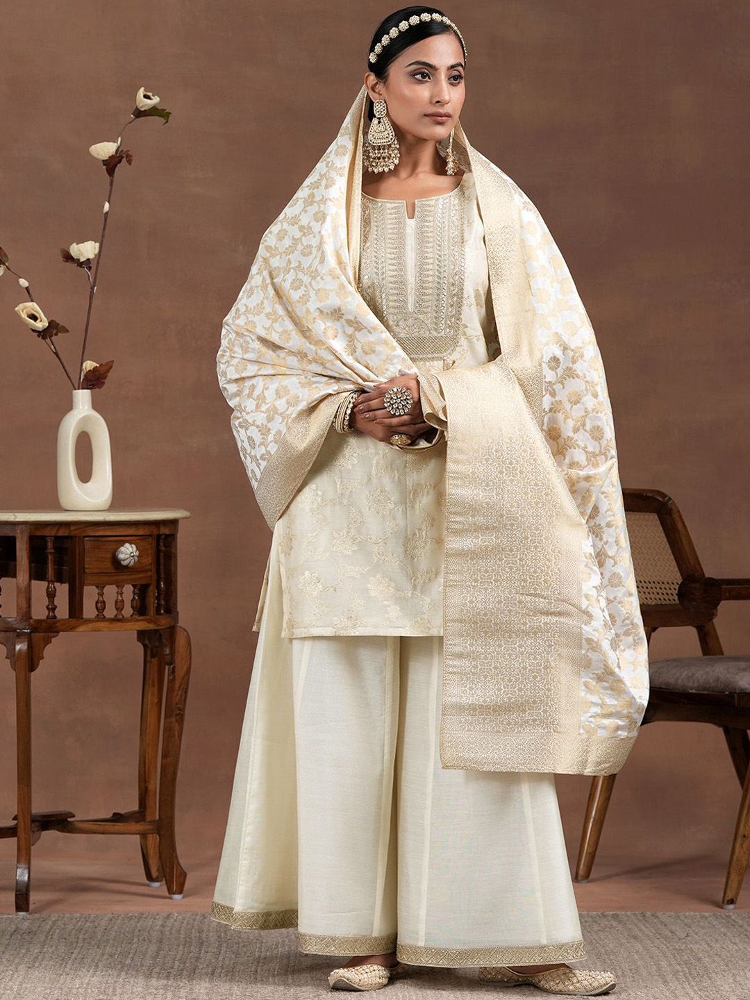 Libas Floral Woven Design Sequinned Straight Kurta With Palazzo & Dupatta