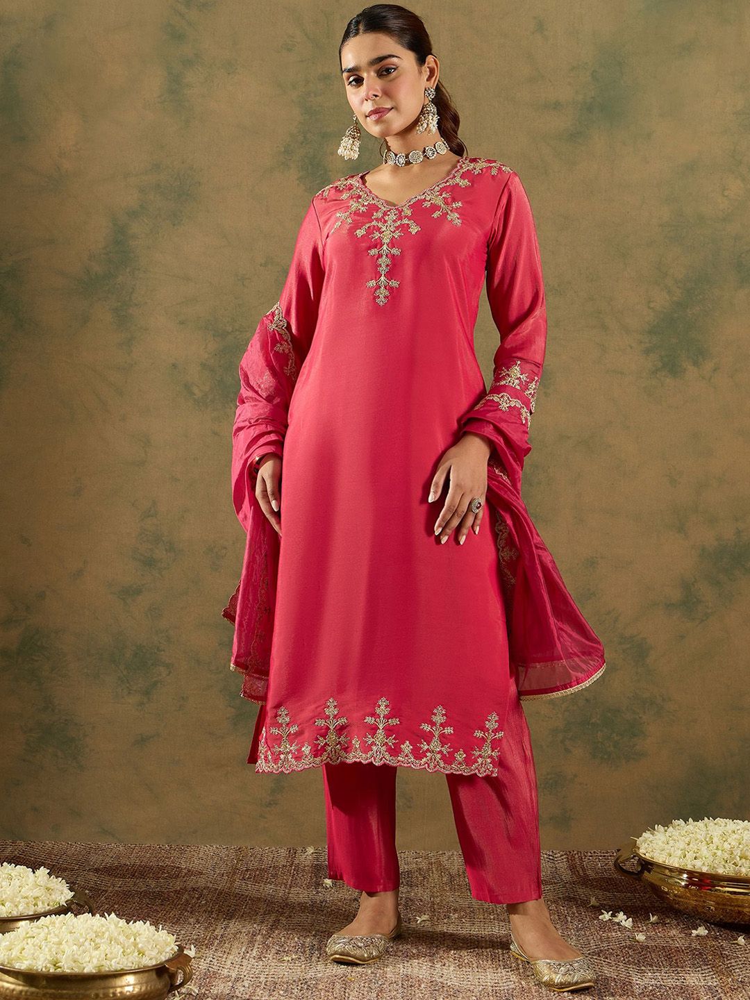 Indo Era Floral Embroidered Kurta With Trousers & Dupatta