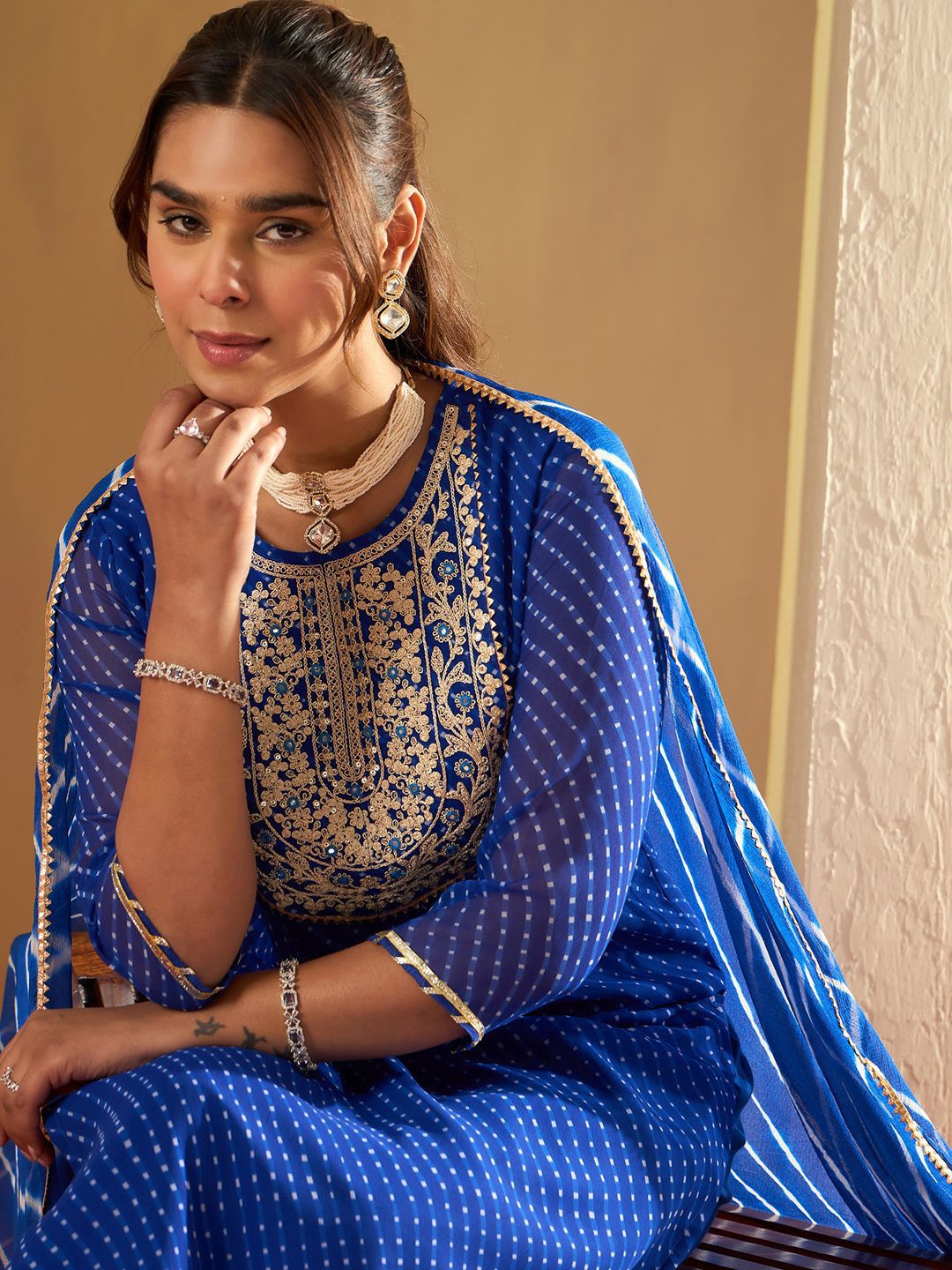 Indo Era Leheriya Embroidered Georgette Straight Kurta With Trousers & Dupatta