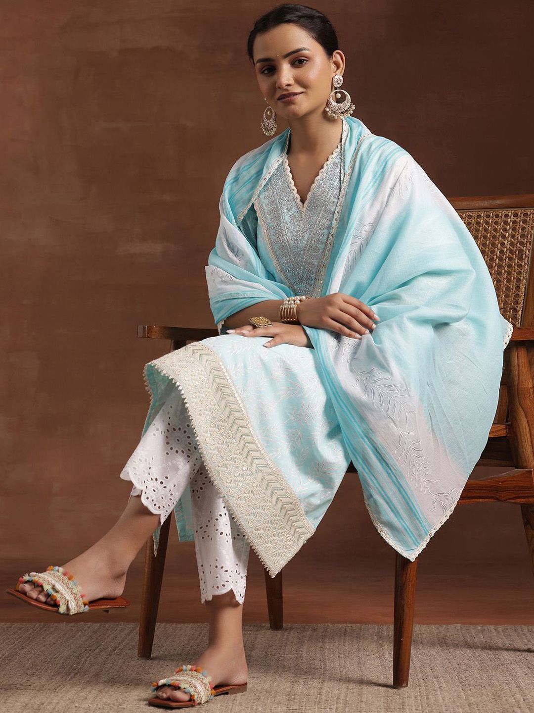 Libas Floral Printed Sequinned Pure Cotton Kurta with Trousers & Dupatta