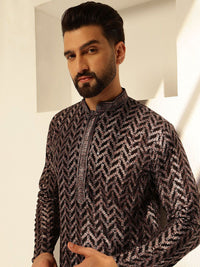 SOJANYA Geometric Embroidered Mandarin Collar Sequinned Cotton Straight Kurta