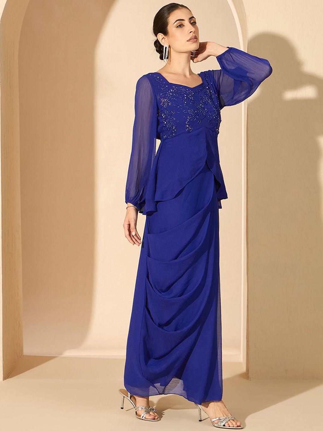 Antheaa Blue Embellished Square Neck Top & Skirt
