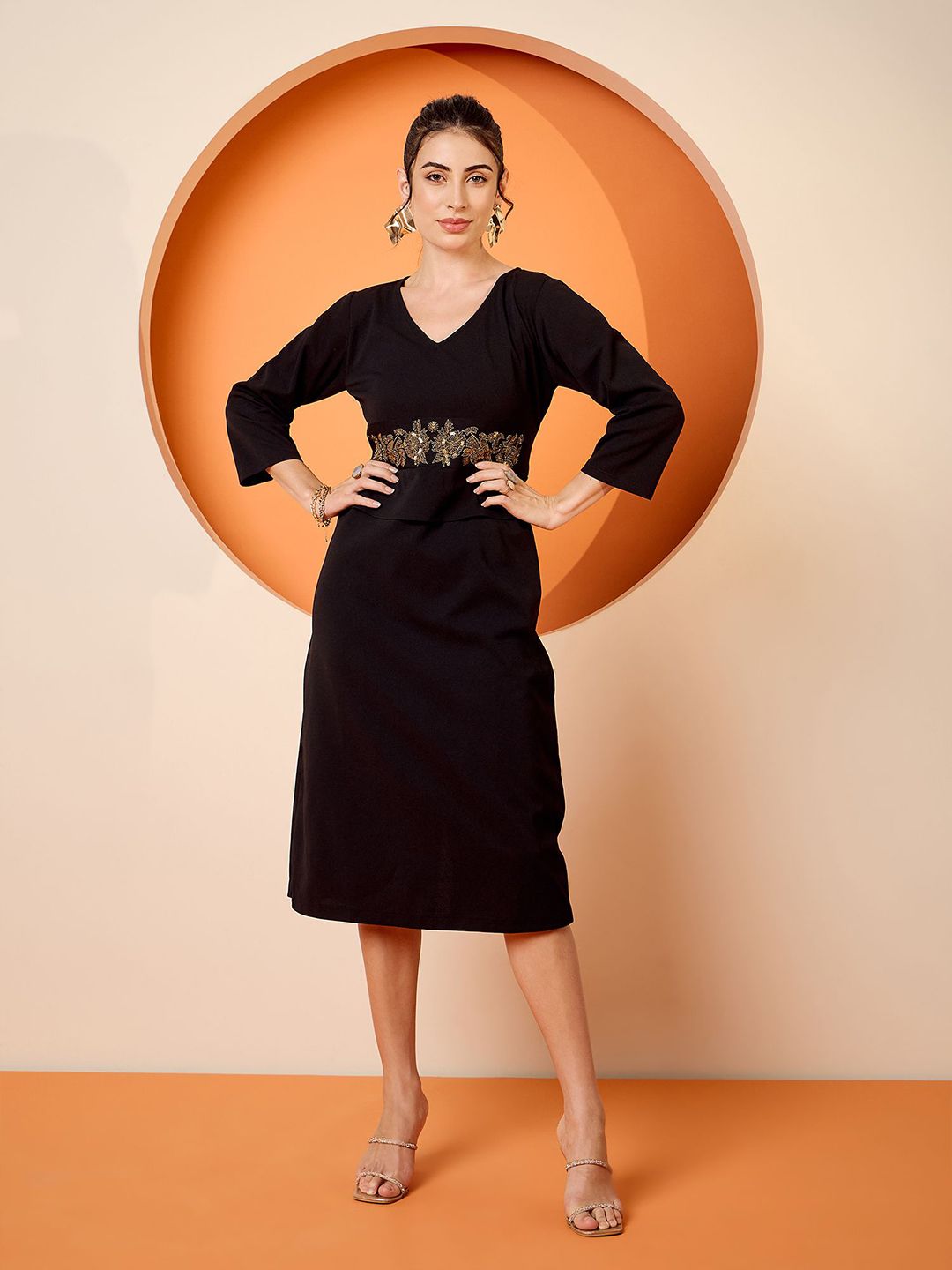 Antheaa woven Sequined Embellished V-neck Peplum  Dress