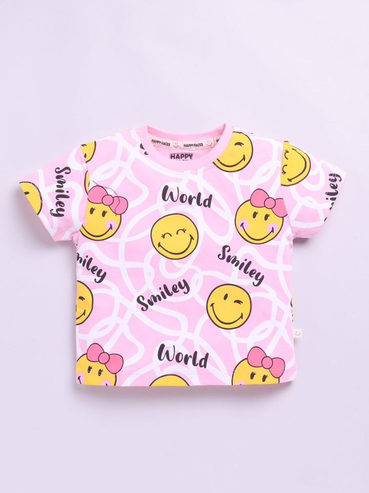 Happy Faces Girls Smiley Printed Pure Cotton T-shirt