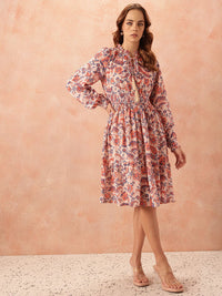 all about you Ethnic Motifs Print Tie-Up Neck Puff Sleeve Fit & Flare Dress