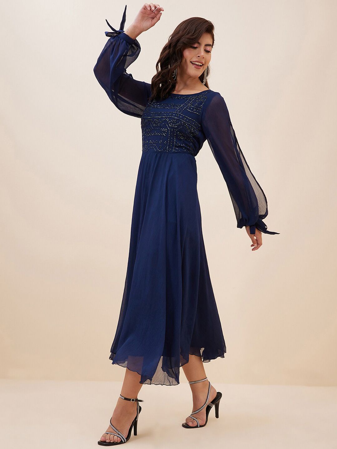 Antheaa Embellished Slit Sleeve Chiffon Fit & Flare Midi Dress