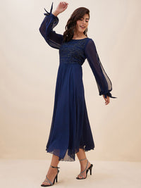 Antheaa Embellished Slit Sleeve Chiffon Fit & Flare Midi Dress