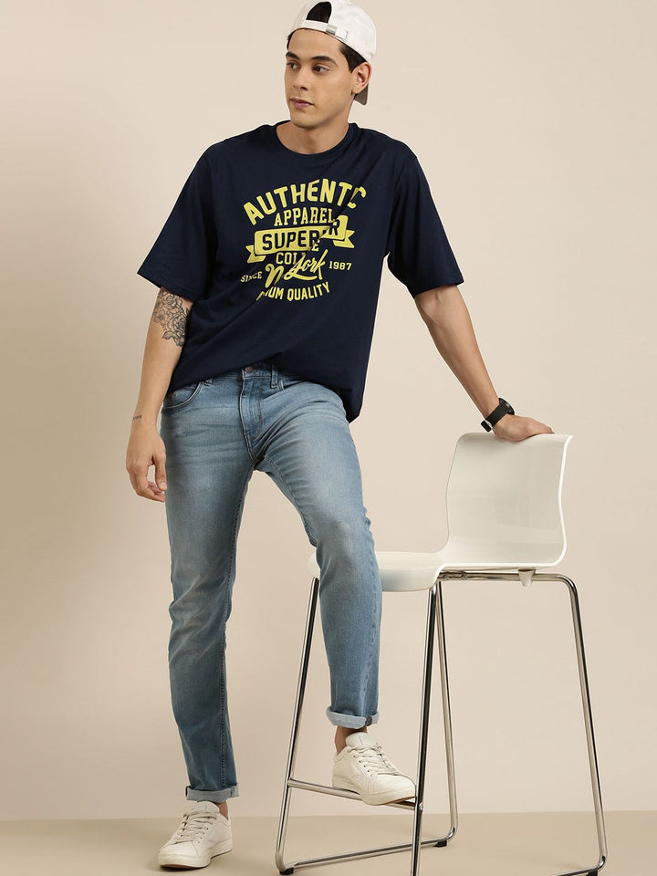 DILLINGER Men Navy Blue Typography Printed Pure Cotton Oversized  T-shirt