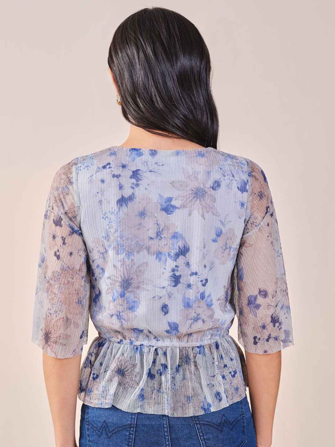 AND polyester floral print v- neck flared sleeves peplum top