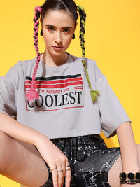 STREET 9 Women Grey Printed Cotton Drop-Shoulder Sleeves Bio Finish Boxy T-shirt