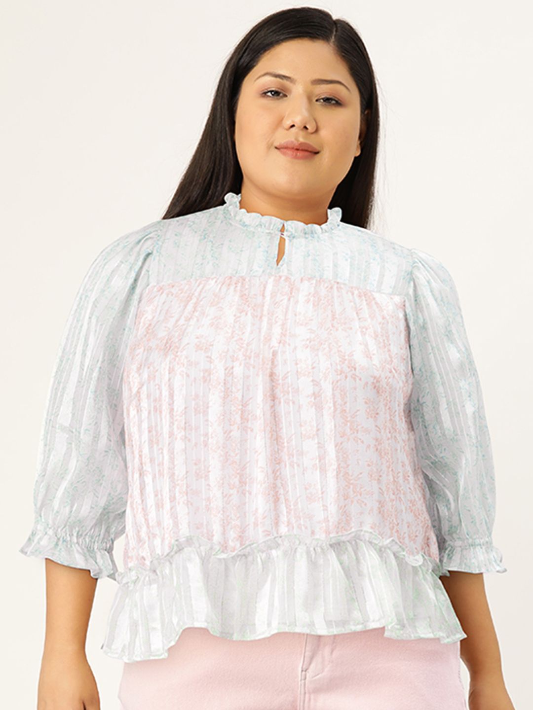 AND Floral Print Mandarin Collar Puff Sleeve Top