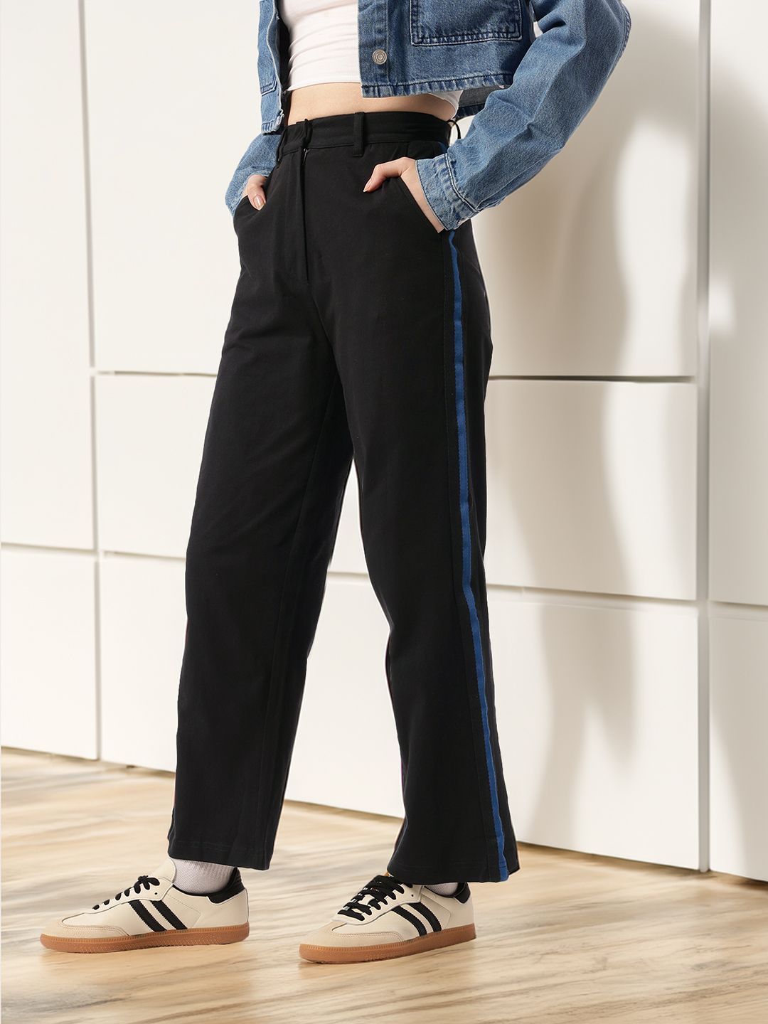Women Korean Urban Street Shadows Side Stripes Regular Trousers