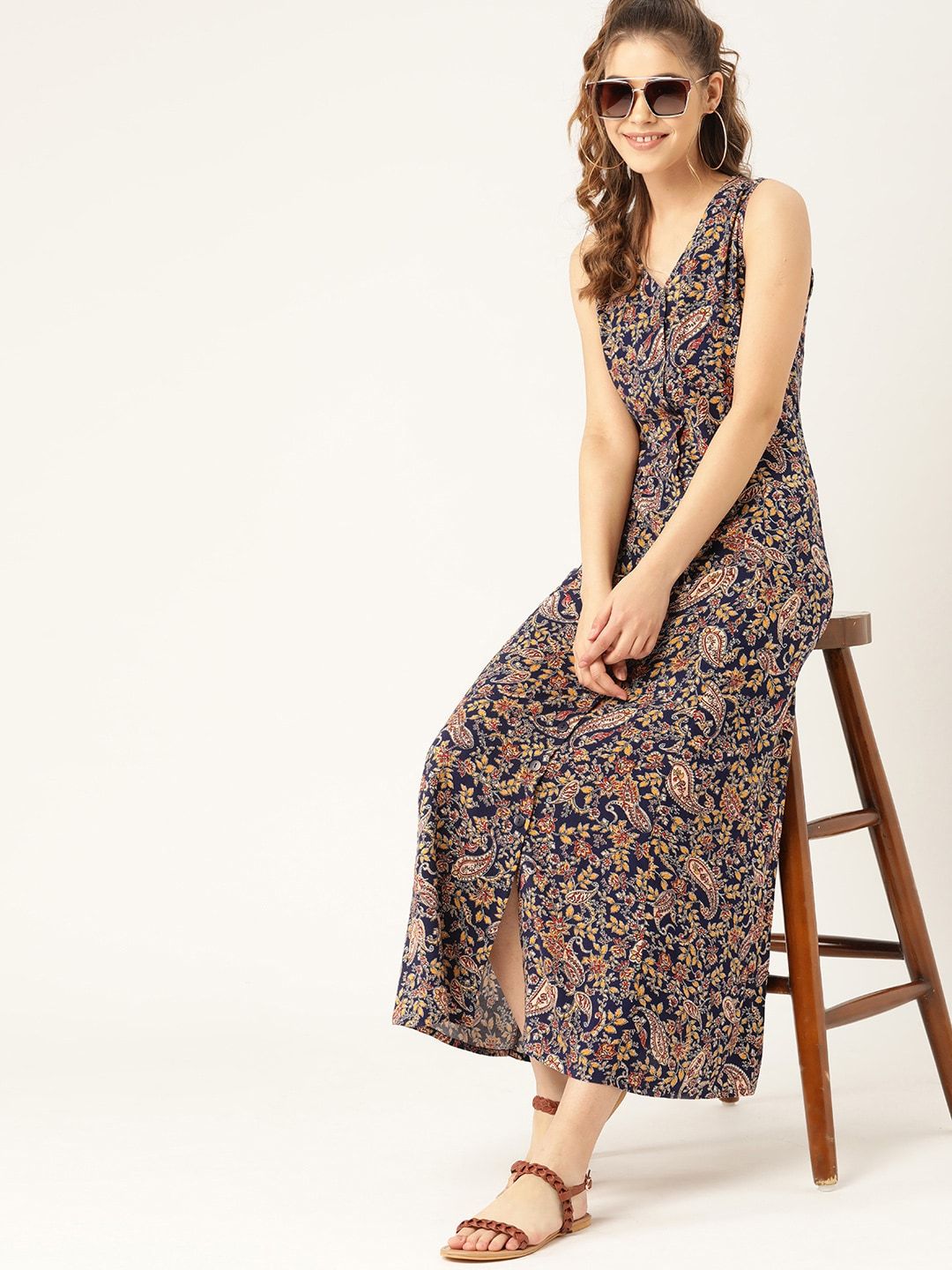 DressBerry Navy Blue & Mustard Yellow Floral Printed Maxi Dress