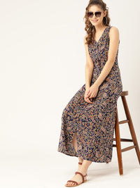 DressBerry Navy Blue & Mustard Yellow Floral Printed Maxi Dress